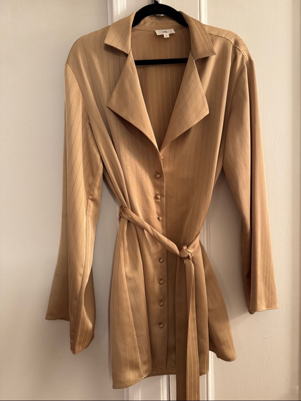 LPA Beige Pinstripe Mini Shirt Dress